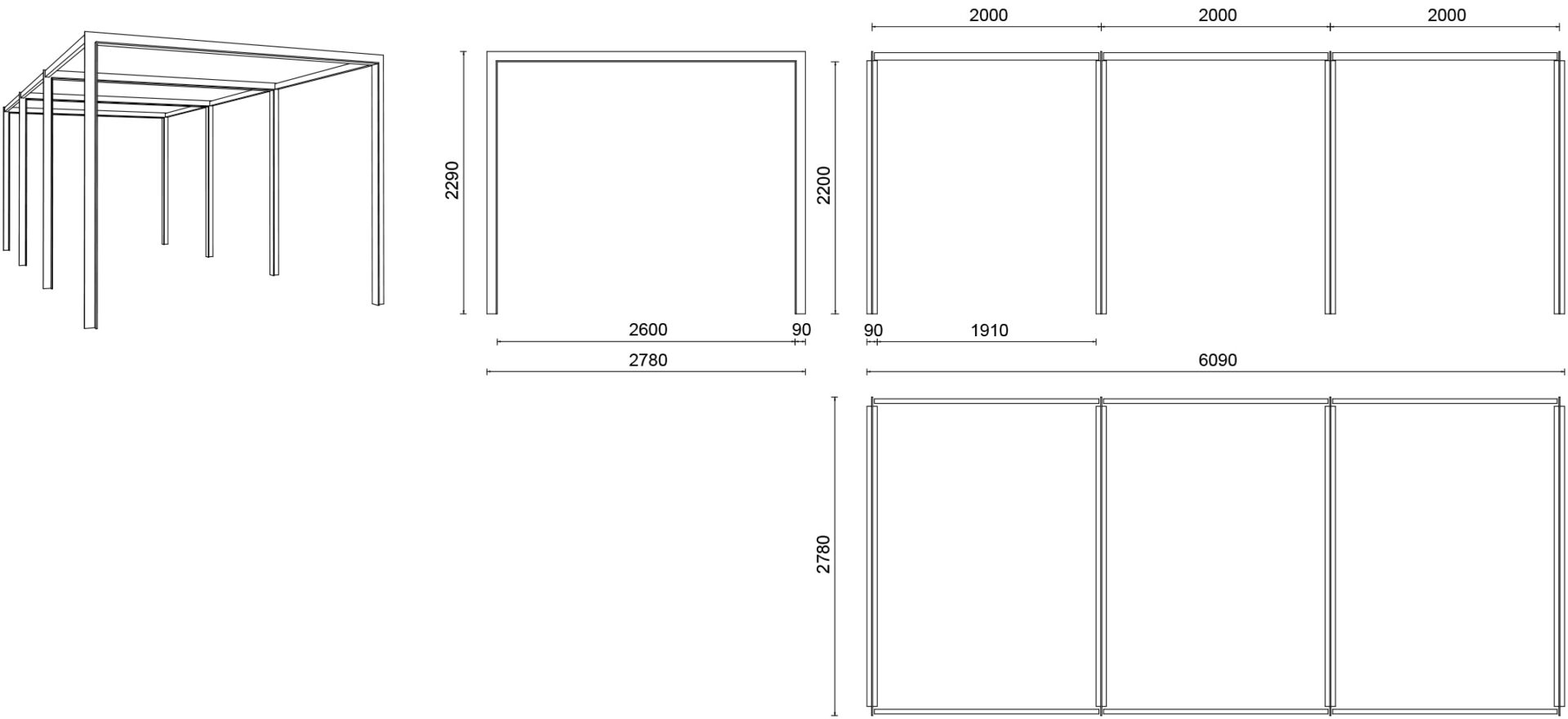 Frame overdækning og pergola, tegning med mål